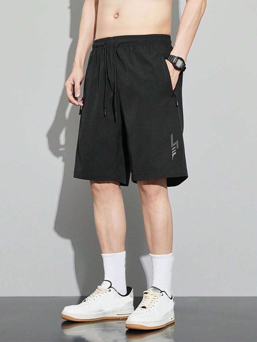 Men Graphic Print Drawstring Waist Shorts - Black - View 1