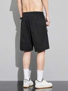Men Graphic Print Drawstring Waist Shorts - Black - View 2