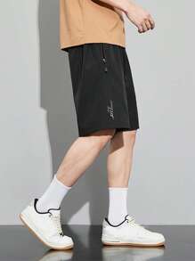 Men Graphic Print Drawstring Waist Shorts - Black - View 3