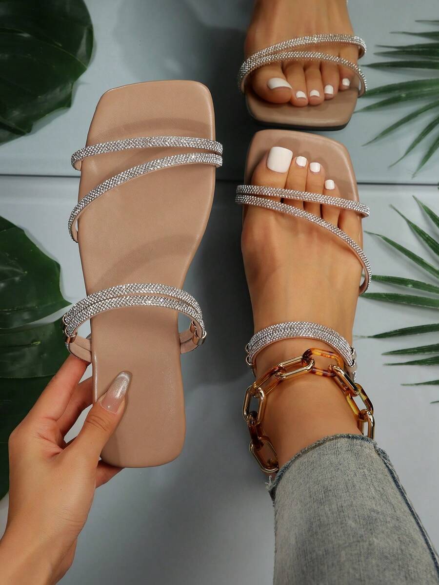 Dép quai phẳng đính pha lê thời trang dành cho nữ, đa năng cho trang phục đi biển/thường ngày/tiệc tùng/công sở