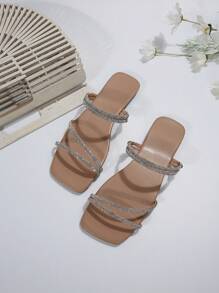Dép quai phẳng đính pha lê thời trang dành cho nữ, đa năng cho trang phục đi biển/thường ngày/tiệc tùng/công sở - Màu be - Xem 6