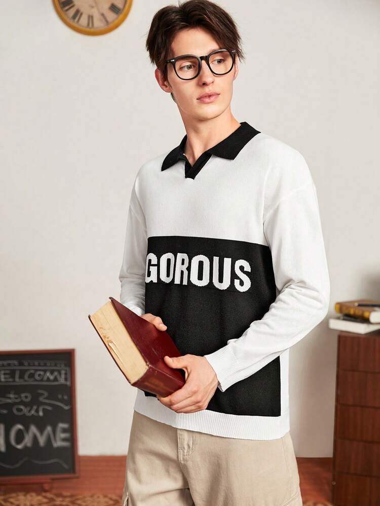 Men Letter Pattern Colorblock Drop Shoulder Sweater