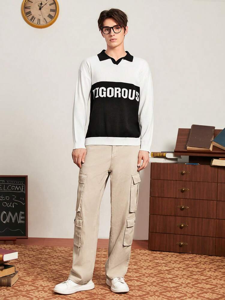 Men Letter Pattern Colorblock Drop Shoulder Sweater
