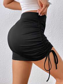 SHEIN Essnce 側抽繩緊身裙裤 - 黑色 - 查看 1