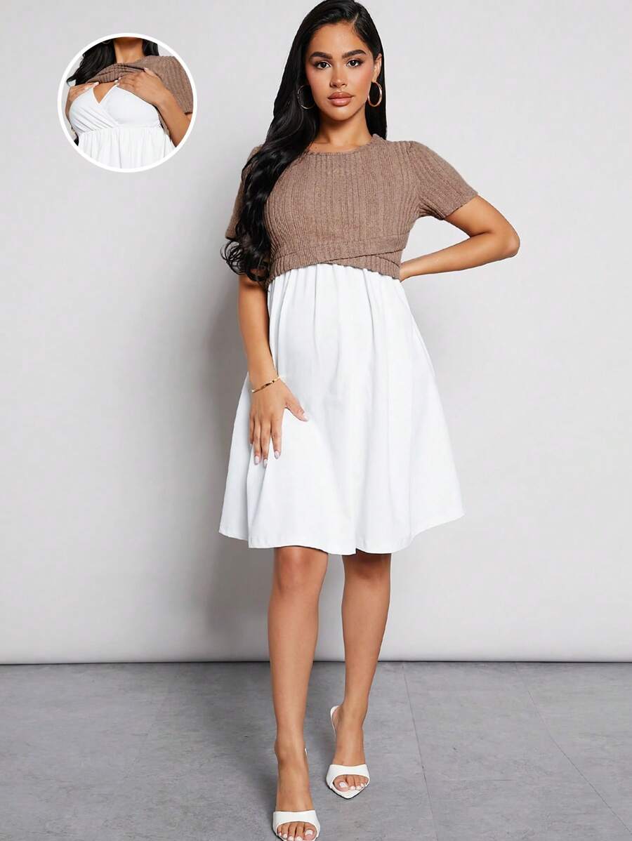 SHEIN Thai sản Chất rắn Điều dưỡng Vòng cổ Đầm - Nhiều màu - Xem 1