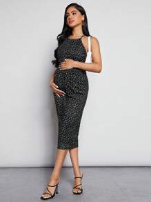 SHEIN 孕婦愛心圖案繞頸緊身連衣裙 - 黑色 - 查看 1