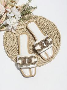 夏天日常休閒防滑舒服的方頭平底涼鞋帶金屬質感 - 白色 - 查看 2