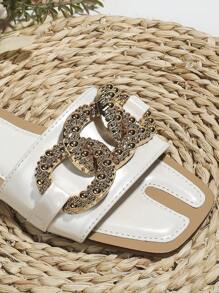 夏天日常休閒防滑舒服的方頭平底涼鞋帶金屬質感 - 白色 - 查看 4