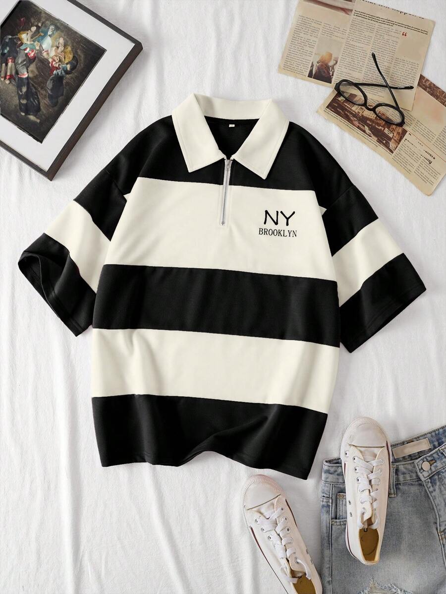 INAWLY 字母图案拼色半拉链 T 恤 图案 T 恤 女式上衣