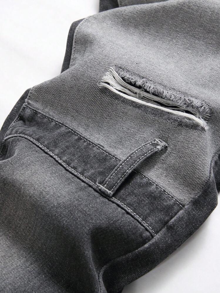 Heren Gescheurde Gerafeld Kleurblok Jeans - Grijs - Bekijken 5
