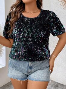 SHEIN Clasi Hơn Đồ trang trí tấm lóng lánh Ống tay áo Áo sơ mi - Màu xanh lam - Xem 5