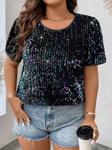 SHEIN Clasi Hơn Đồ trang trí tấm lóng lánh Ống tay áo Áo sơ mi - Màu xanh lam - Xem 7