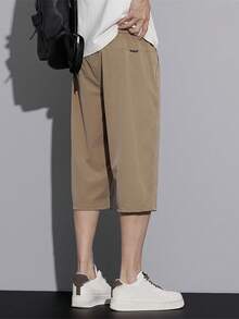 Men Letter Graphic Drawstring Waist Shorts - Khaki - View 2