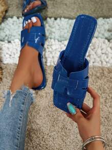 Dự Tiệc Mùa Nghỉ Xuân Hè Thu Đông Màu Xanh Thanh Lịch Thiết Kế Dệt Thời Trang Hở Mũi Dép Đế Bằng Cho Nữ - Màu xanh lam - Xem 1