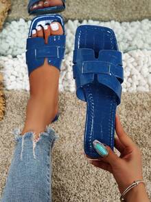 Dự Tiệc Mùa Nghỉ Xuân Hè Thu Đông Màu Xanh Thanh Lịch Thiết Kế Dệt Thời Trang Hở Mũi Dép Đế Bằng Cho Nữ - Màu xanh lam - Xem 3