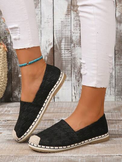Women's Flat Casual Shoes, Woven Breathable Quilted Soft Comfortable Slip-On Round Toe Flat Canvas Shoes