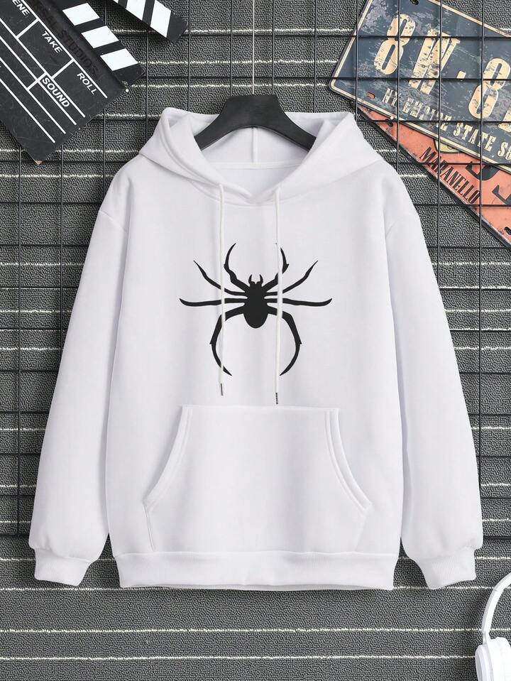 Men Spider Print Kangaroo Pocket Drawstring Thermal Hoodie | SHEIN UK