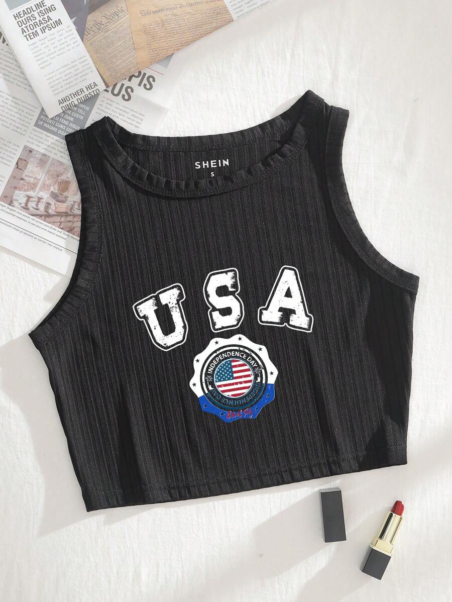 SHEIN EZwear 旗幟和字母圖案短款背心 - 黑色 - 查看 1
