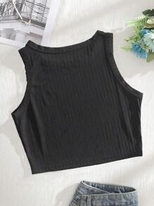 SHEIN EZwear 旗幟和字母圖案短款背心 - 黑色 - 查看 2