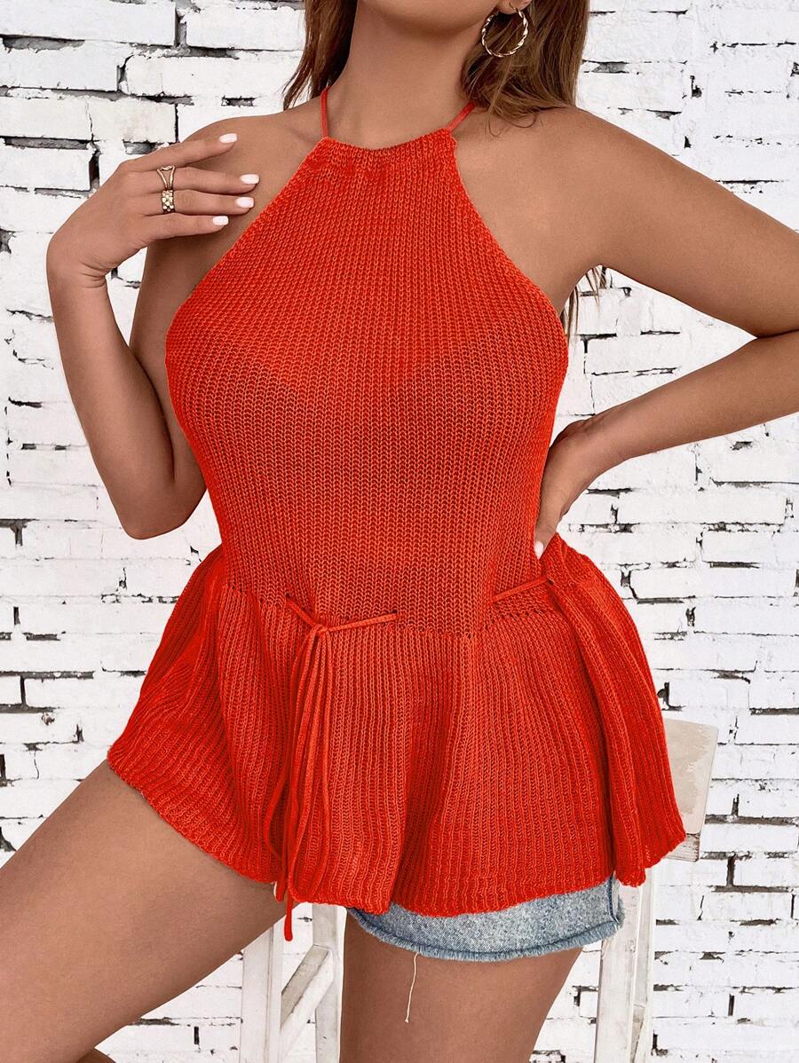 SHEIN LUNE Plus Tie Backless Halter Knit Top - Orange - View 1