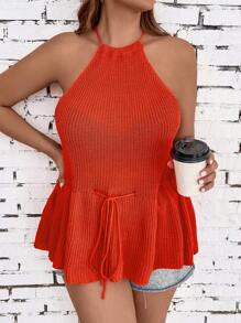 SHEIN LUNE Plus Tie Backless Halter Knit Top - Orange - View 6