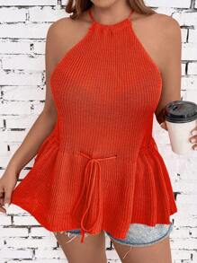 SHEIN LUNE Plus Tie Backless Halter Knit Top - Orange - View 7