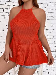 SHEIN LUNE Plus Tie Backless Halter Knit Top - Orange - View 8
