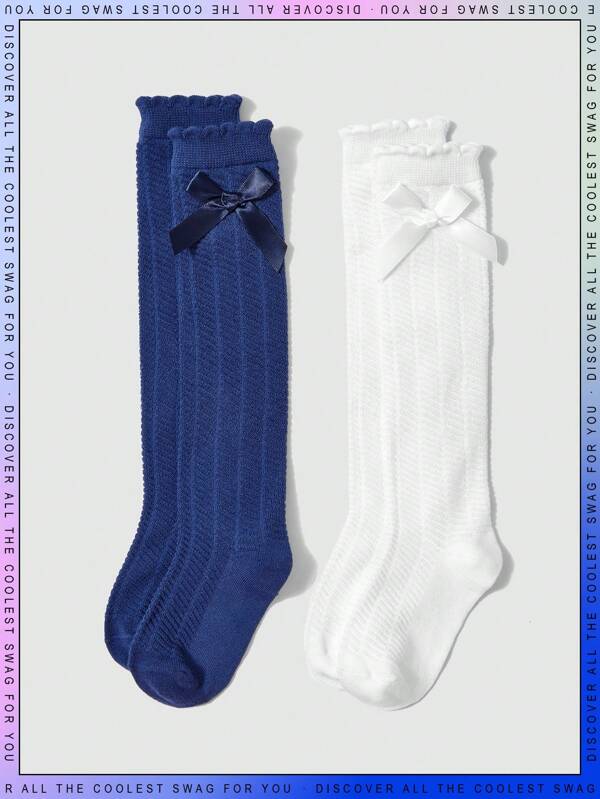 2 pares de calcetines de punto por encima de la rodilla para niños de la temporada de regreso a la escuela con decoración de lazo