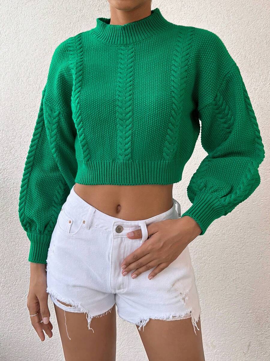 EURMUSE Mock Neck Drop Shoulder Crop Sweater - Green - View 1