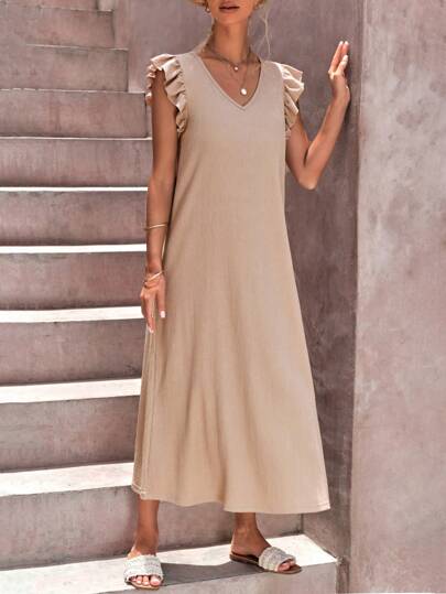 EURMUSE Tunika Kleid mit Einfarbig Rüschenbesatz,