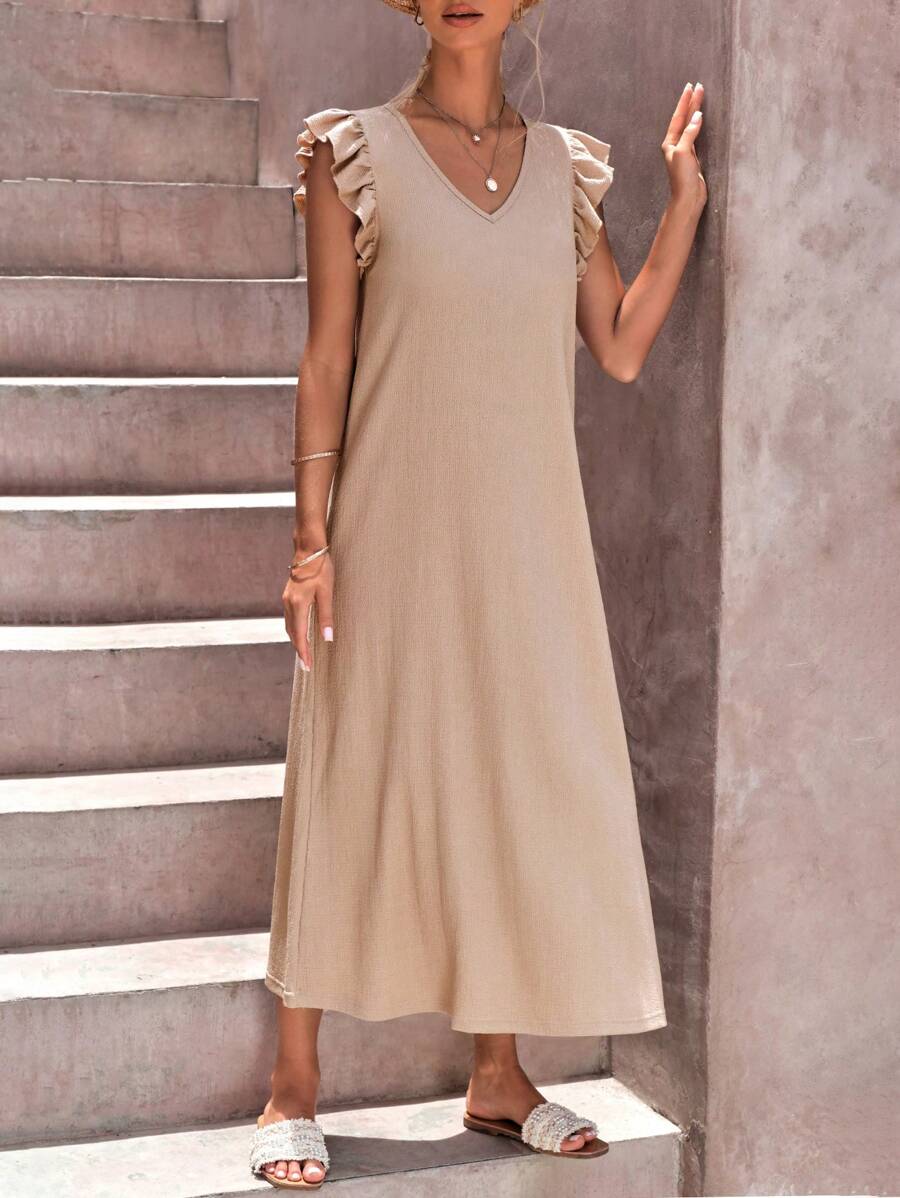 EURMUSE Solid Ruffle Trim Tunic Dress - Brown - View 1