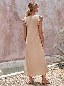 EURMUSE Solid Ruffle Trim Tunic Dress - Brown - View 2