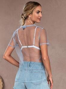 RueChic Polka Dot Mesh Ruffle Trim Cover Up Top Without Bra, For Summer Beach Vacation - Baby Blue - View 2