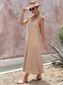 EURMUSE Solid Ruffle Trim Tunic Dress - Brown - View 5