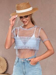 RueChic Polka Dot Mesh Ruffle Trim Cover Up Top Without Bra, For Summer Beach Vacation - Baby Blue - View 5