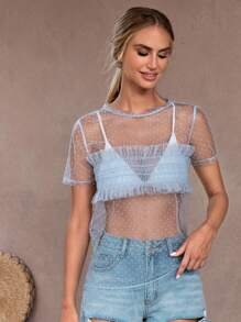 RueChic Polka Dot Mesh Ruffle Trim Cover Up Top Without Bra, For Summer Beach Vacation - Baby Blue - View 6