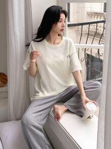 DAZY Letter Graphic Drop Shoulder Lounge Set Pajama - Multicolor - View 1