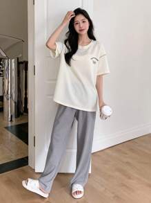 DAZY Letter Graphic Drop Shoulder Lounge Set Pajama - Multicolor - View 3