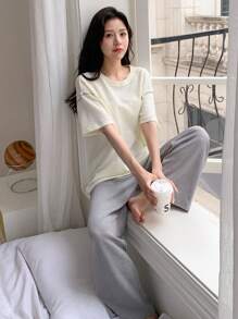 DAZY Letter Graphic Drop Shoulder Lounge Set Pajama - Multicolor - View 4