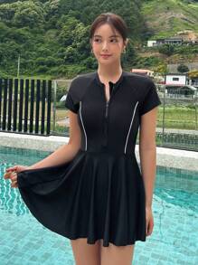 DAZY 撞色绑带前拉链连体泳衣夏季、沙滩女士装