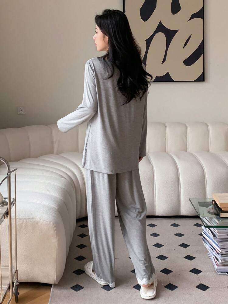 Contrast Lace Trim PJ Set,Back To School Clothes, Fall, Winter