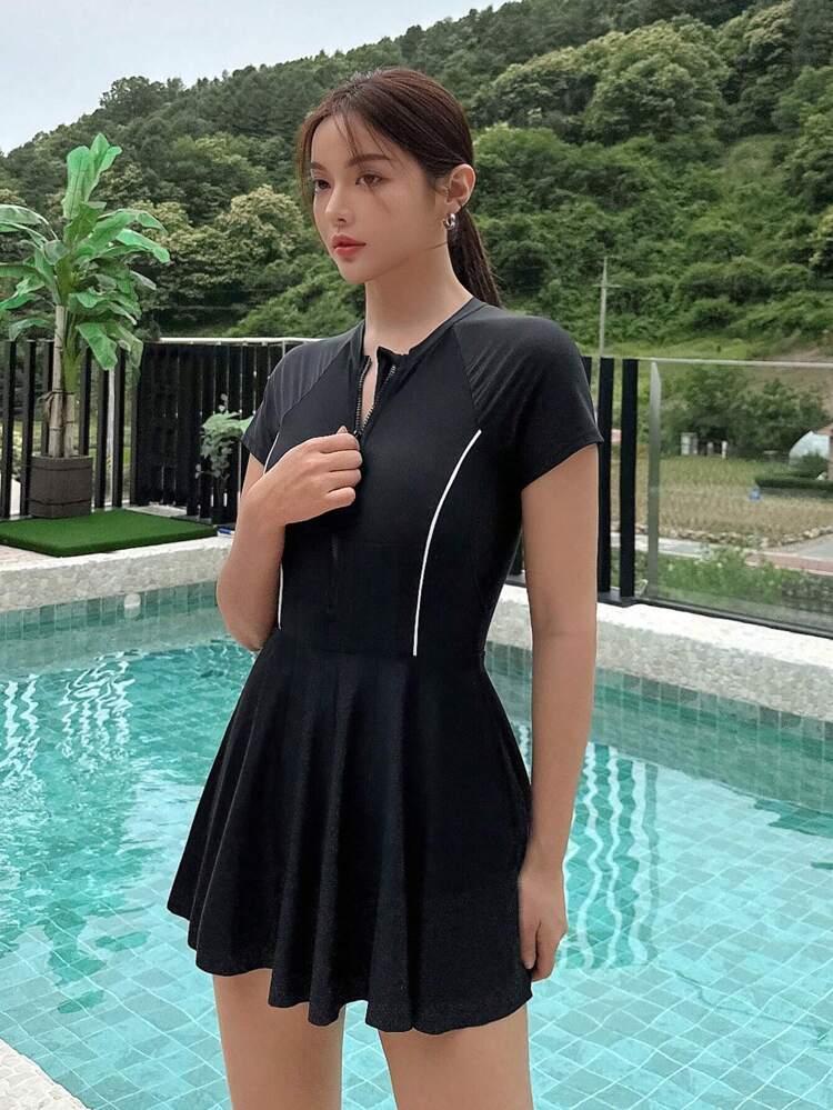 Contrast Binding Zipper Front One Piece Swimsuit Summer,Beach Women Outfits