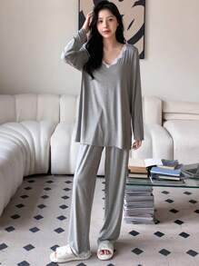 DAZY 撞色蕾丝边睡衣套装，返校季服装，秋冬季