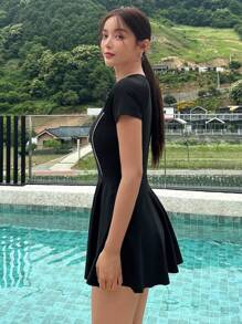 DAZY 撞色绑带前拉链连体泳衣夏季、沙滩女士装