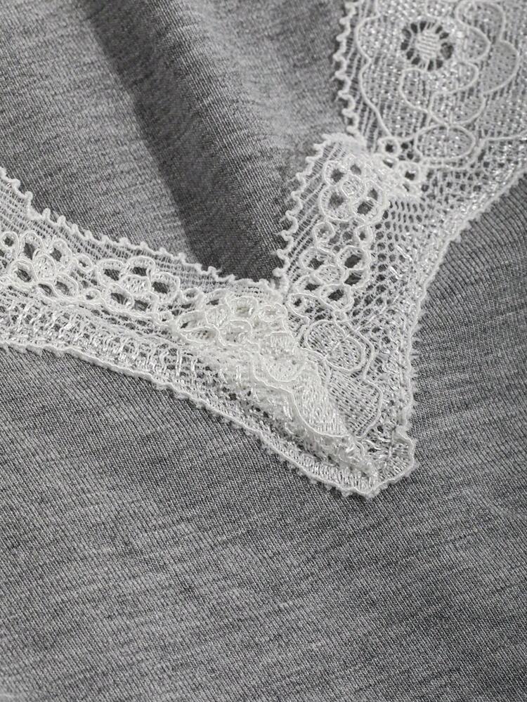 Contrast Lace Trim PJ Set,Back To School Clothes, Fall, Winter