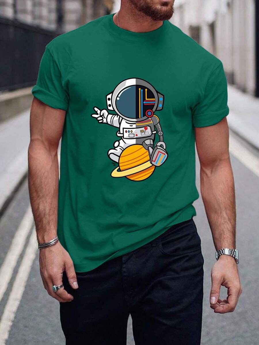 Manfinity Homme 男士棉宇航員印花T恤 - 墨綠色 - 查看 1