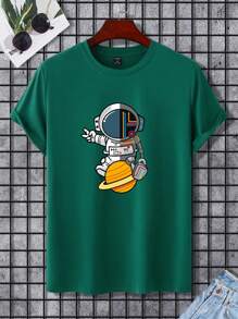 Manfinity Homme 男士棉宇航員印花T恤 - 墨綠色 - 查看 4