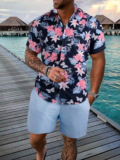 Manfinity RSRT Men Tropical Print Shirt & Shorts