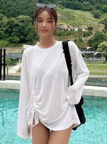 DAZY 纯色抽绳侧落肩罩衫，夏季沙滩女装度假装 - 白色 - 查看 1