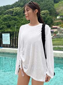 DAZY 纯色抽绳侧落肩罩衫，夏季沙滩女装度假装 - 白色 - 查看 9
